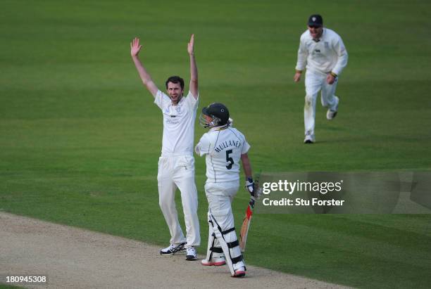 Durham bowler Graham Onions celebrates after taking the wicket of Notts batsman Steven Mullaney during day two of the LV County Championship Division...