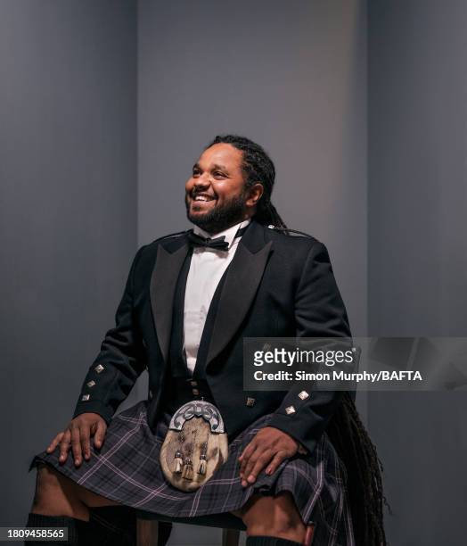 Wildlife cameraman and tv presenter Hamza Yassin poses for a portrait shoot during the British Academy Scotland Awards at DoubleTree by Hilton on...