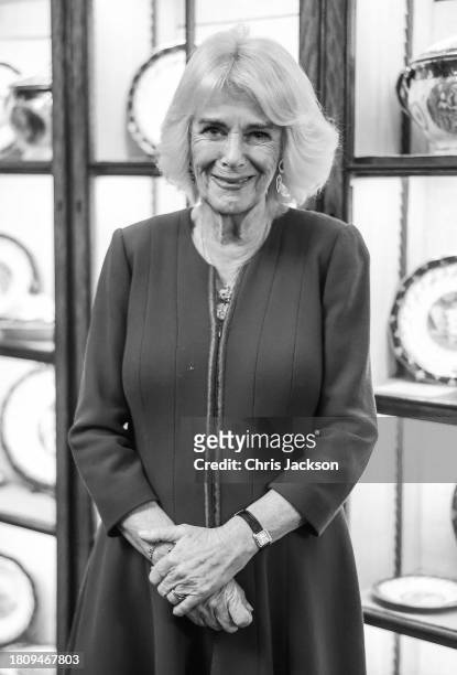 Queen Camilla smiles as she poses ahead of hosting the Booker Prize Foundation reception at Clarence House on November 23, 2023 in London, England.