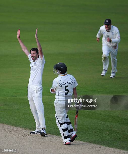 Durham bowler Graham Onions celebrates after taking the wicket of Notts batsman Steven Mullaney during day two of the LV County Championship Division...