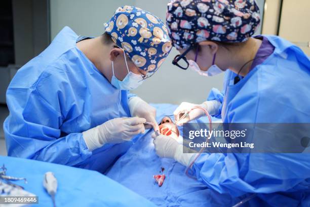 un médico que realiza una cirugía oral - sutura procedimiento médico fotografías e imágenes de stock