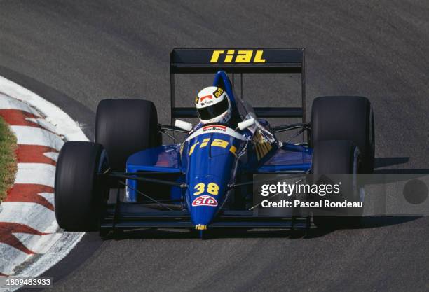 Christian Danner from Germany drives the Rial Racing Rial ARC2 Ford Cosworth DFR V8 during practice for the Formula One San Marino Grand Prix on 22nd...