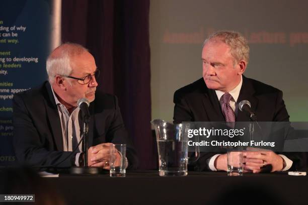 Northern Ireland Deputy First Minister Martin McGuinness takes part in a press conference with Colin Parry, chairman of the Tim Parry Johnathan Ball...