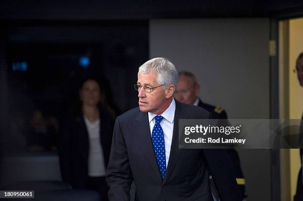 Secretary of Defense Chuck Hagel Chairman of the Joint Chiefs of Staff Gen. Martin E. Dempsey arrive to brief the press at the Pentagon, September...