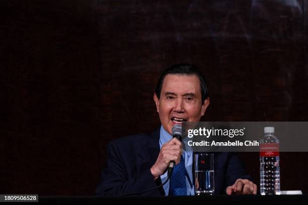 Taiwan's former president, Ma Ying-jeou, speaks during a press conference of potential candidate merger option on November 23, 2023 in Taipei,...