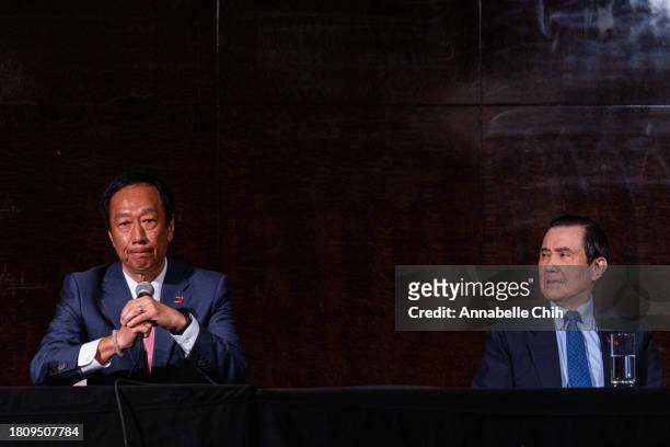 The independent presidential candidate Hon Hai Precision Industry Co. Founder, Terry Gou , and the Taiwan's former president, Ma Ying-jeou , attend a...