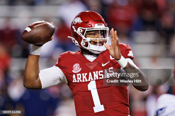 Jefferson of the Arkansas Razorbacks throws a pass during a game against the FIU Panthers at Donald W. Reynolds Razorback Stadium on November 18,...