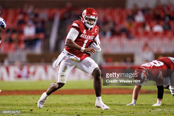 Jefferson of the Arkansas Razorbacks runs the ball during a game against the FIU Panthers at Donald W. Reynolds Razorback Stadium on November 18,...