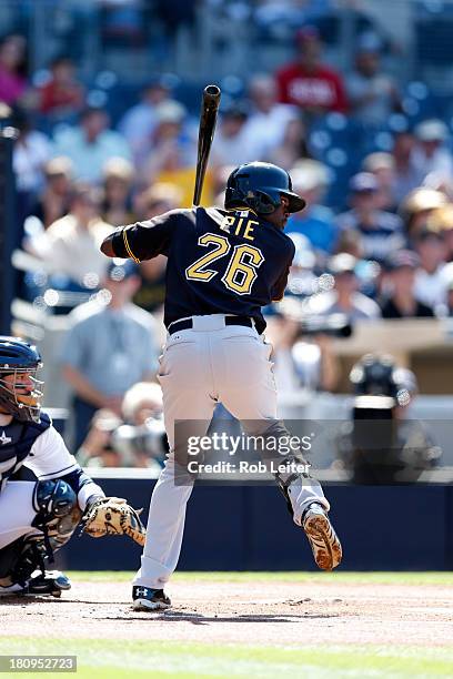 Felix Pie of the Pittsburgh Pirates bats during the game against the San Diego Padres at Petco Park on August 21, 2013 in San Diego, California. The...