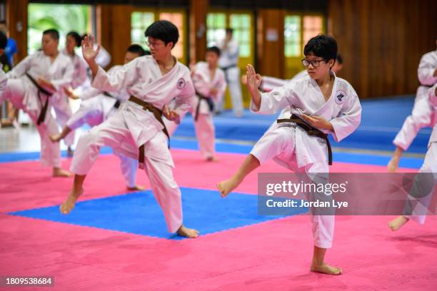 karate students practicing during a karate class - kung fu fotografías e imágenes de stock