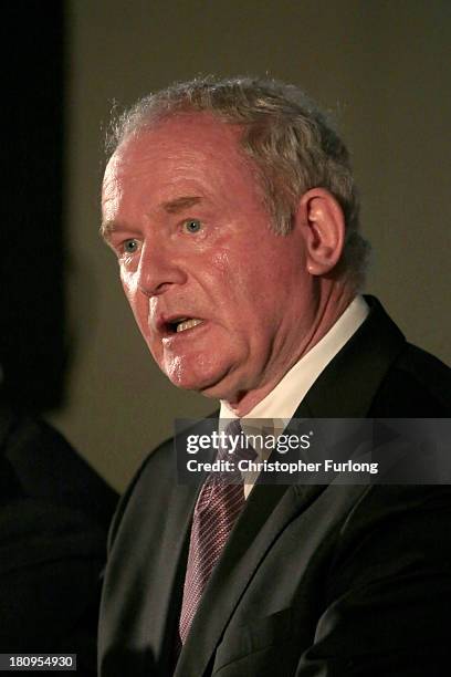 Northern Ireland Deputy First Minister Martin McGuinness takes part in a press conference at the Tim Parry Johnathan Ball Foundation for Peace on...