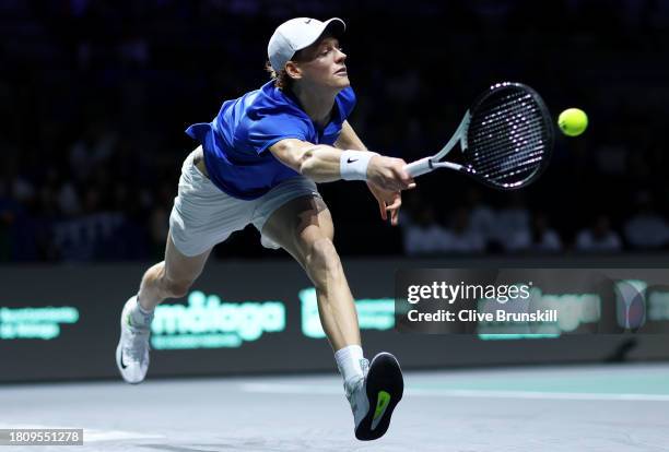 Jannik Sinner of Italy plays a forehand during the Quarter-Final match against Tallon Griekspoor of the Netherlands in the Davis Cup Final at Palacio...