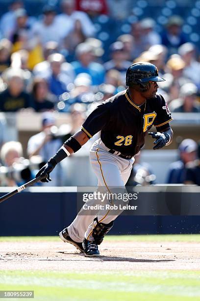 Felix Pie of the Pittsburgh Pirates bats during the game against the San Diego Padres at Petco Park on August 21, 2013 in San Diego, California. The...