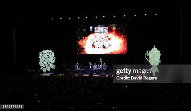 Martin Bayfield, the master of ceremonies, talks to Martin Johnson, Jonny Wilkinson, Jason Robinson and Matt Dawson during the 2003 England World Cup...