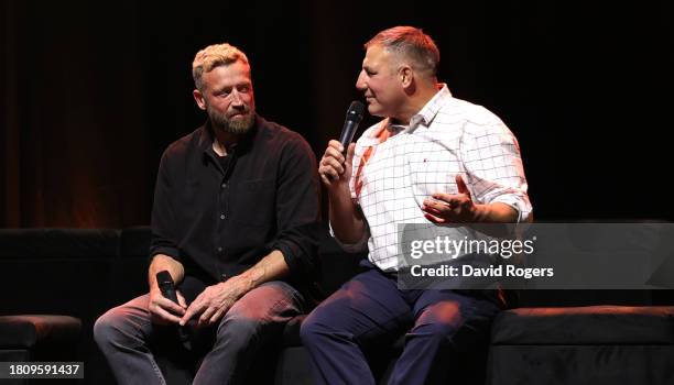 Dan Luger and Julian White look on during the 2003 England World Cup winning squad reunion at the Eventim Apollo on November 22, 2023 in London,...