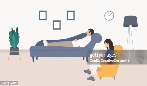 ilustrações de stock, clip art, desenhos animados e ícones de psychologist office with young man lying on couch and talking with psychologist about his problems. female psychologist sitting in armchair, listening patient and taking notes. psychotherapy counseling and mental health concept - terapia alternativa