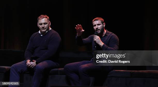 Ben Cohen and Trevor Woodman, face the audience during the 2003 England World Cup winning squad reunion at the Eventim Apollo on November 22, 2023 in...