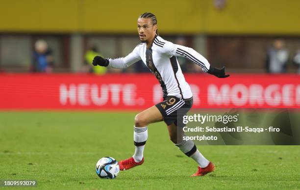 Leroy Sane of Germany plays the ball during the international friendly match between Austria and Germany at Ernst Happel Stadion on November 21, 2023...