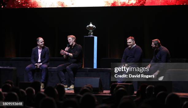 Kyran Bracken, Lewis Moody, Trevor Woodman and Ben Cohen face the audience during the 2003 England World Cup winning squad reunion at the Eventim...