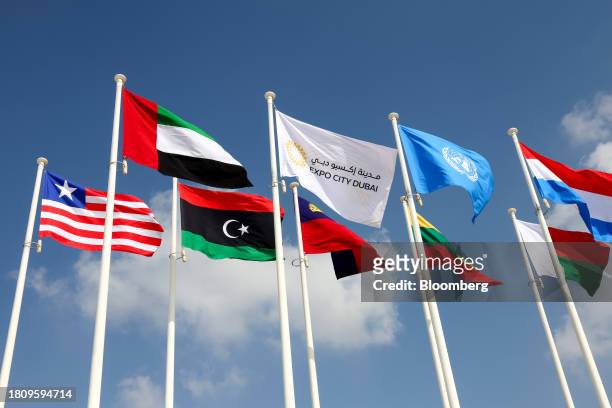National flags and the flag of the United Nations fly outside the Green Zone ahead of the COP28 climate conference at Expo City in Dubai, United Arab...