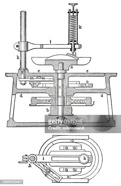old engraved illustration of optics, lens grinding machine - light beam on white stock pictures, royalty-free photos & images