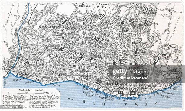 old engraved map of lisbon, capital of portugal and the mouth of the tagus river - lisbon district stock pictures, royalty-free photos & images