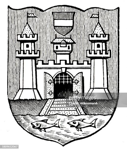 old engraved illustration of linz, capital of upper austria and third-largest city in austria - crest logo stock pictures, royalty-free photos & images