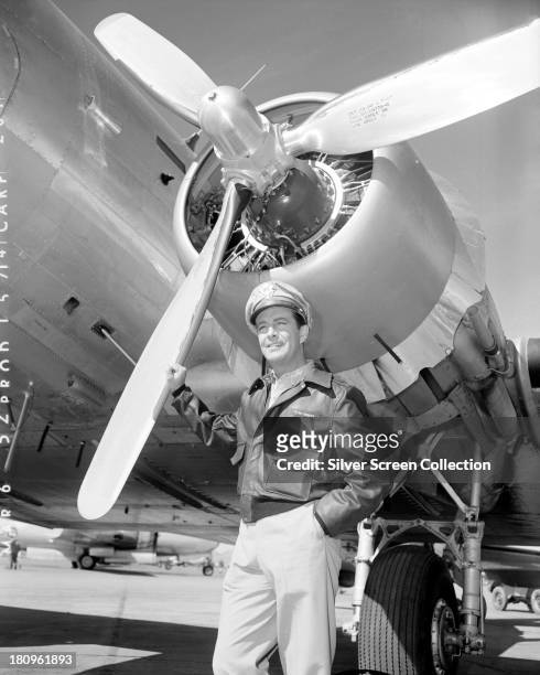 American actor Robert Taylor , as bomber pilot Paul W. Tibbets Jnr, in 'Above And Beyond', directed by Melvin Frank and Norman Panama, 1952. Tibbets...