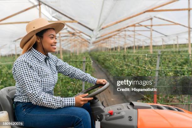 happy woman farming at a plantation and driving a tractor - agricultural equipment stock pictures, royalty-free photos & images