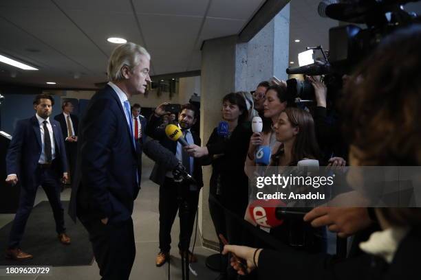 Leader of the Party for Freedom Geert Wilders speaks to press after a conversation with scout Ronald Plasterk as he invites all the party chairmen...