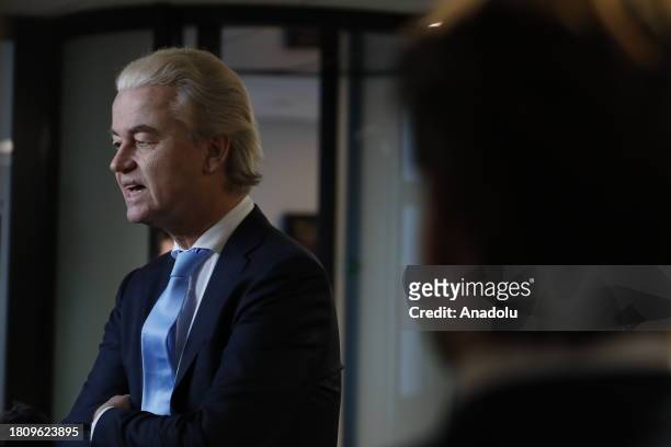 Leader of the Party for Freedom Geert Wilders speaks to press after a conversation with scout Ronald Plasterk as he invites all the party chairmen...