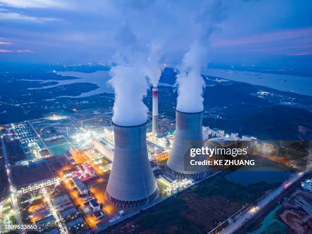 night view of cooling tower of thermal power plant - thermal power station stock pictures, royalty-free photos & images