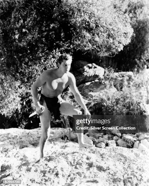 American swimmer and actor Johnny Weissmuller as Tarzan, circa 1935.