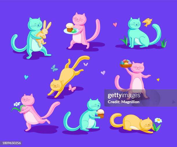 easter cats in different poses - kittens basket stock illustrations