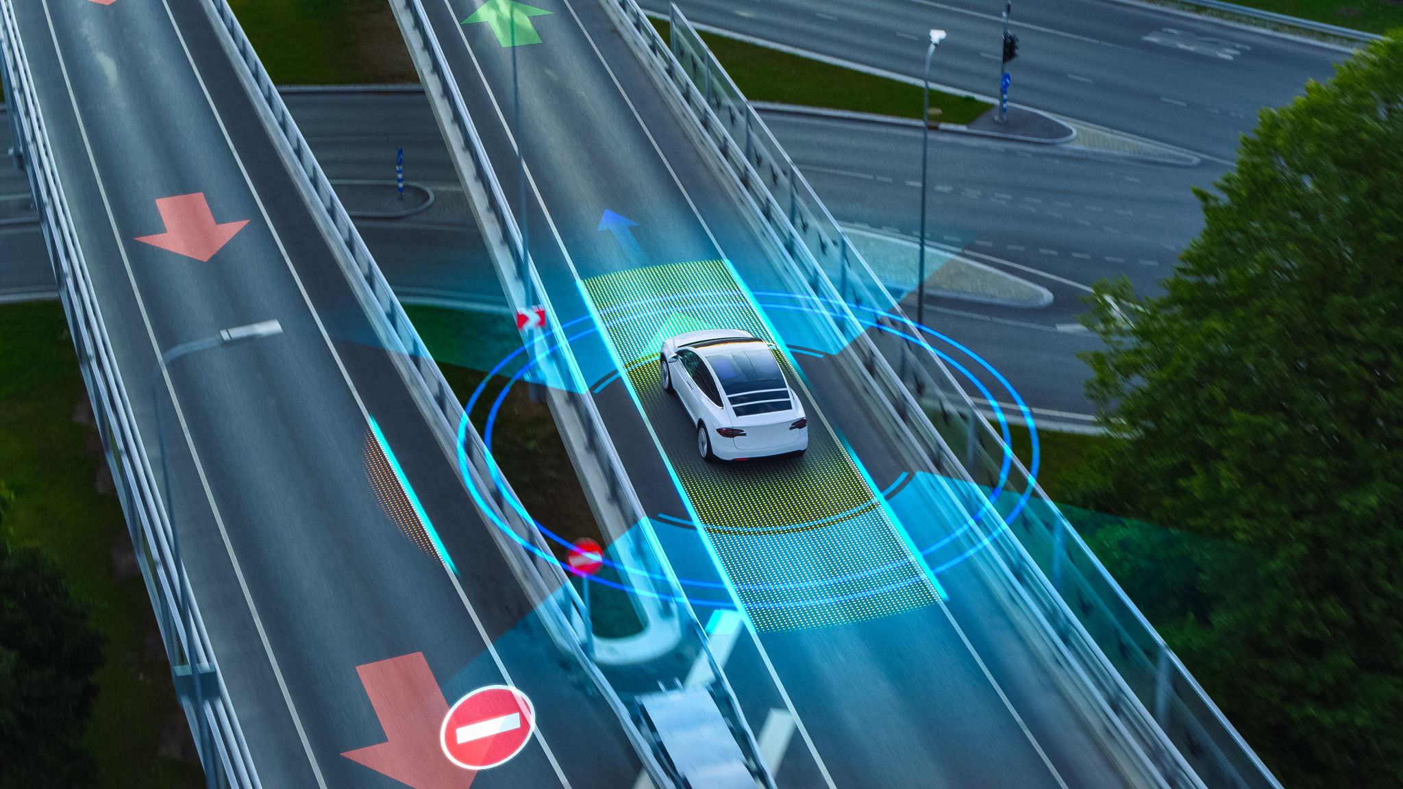Following Aerial Drone View: Autonomous Self Driving Car Moving Through Megapolis City Highway. Visualization Concept: Sensor Scanning Road Ahead for Vehicles, Danger, Speed Limits. Day, Driveway. Following Aerial Drone View: Autonomous Self Driving Car Moving Through Megapolis City Highway. Visualization Concept: Sensor Scanning Road Ahead for Vehicles, Danger, Speed Limits. Day, Driveway.