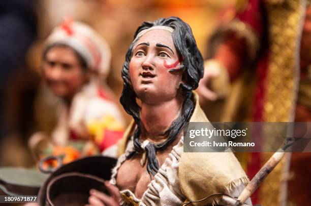 The shepherds of the nativity scene of San Gregorio Armeno, painted with the red mustache in support against violence toward women on November 23,...