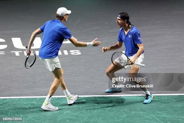 Jannik Sinner and Lorenzo Sonego of Italy celebrate a point during the Quarter-Final doubles match against Tallon Griekspoor and Wesley Koolhof of...