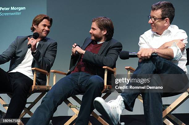 Actors Chris Hemsworth, Daniel Bruhl and screenwriter Peter Morgan attend Meet The Actors at the Apple Store Soho on September 18, 2013 in New York...