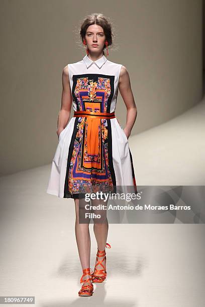 Model walks the runway during the Alberta Ferretti show as a part of Milan Fashion Week Womenswear Spring/Summer 2014 on September 18, 2013 in Milan,...