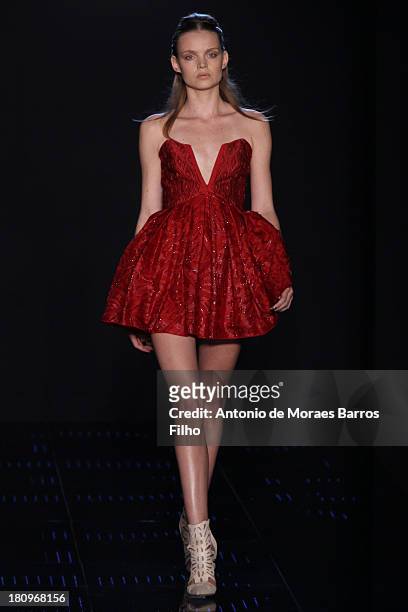 Model walks the runway during the Byblos Milano show as a part of Milan Fashion Week Womenswear Spring/Summer 2014 on September 18, 2013 in Milan,...