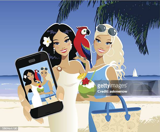 two girls making a selfie on the beach - couple travel tablet stock illustrations