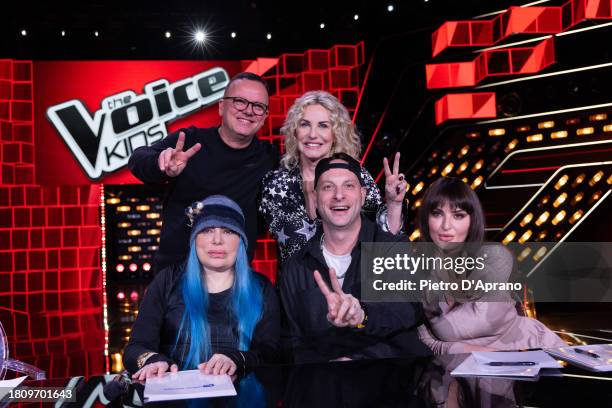 Gigi D'Alessio, Antonella Clerici, Loredana Bertè, Clementino, Arisa attends the photocall for "The Voice Kids 2023" on November 23, 2023 in Milan,...