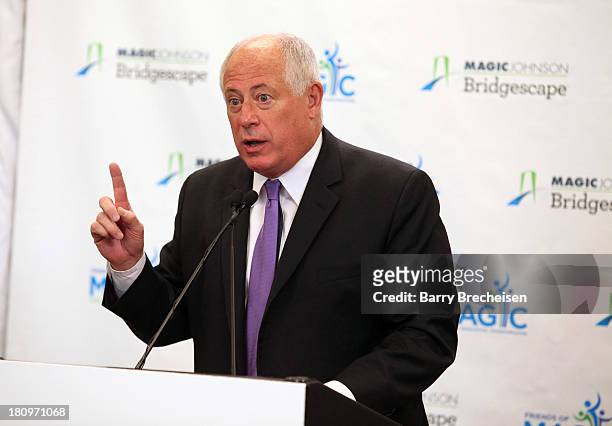Illinois Govenor Pat Quinn attends the press conference for the Friends Of Magic Launch at Magic Johnson Bridgescape Academy on September 18, 2013 in...