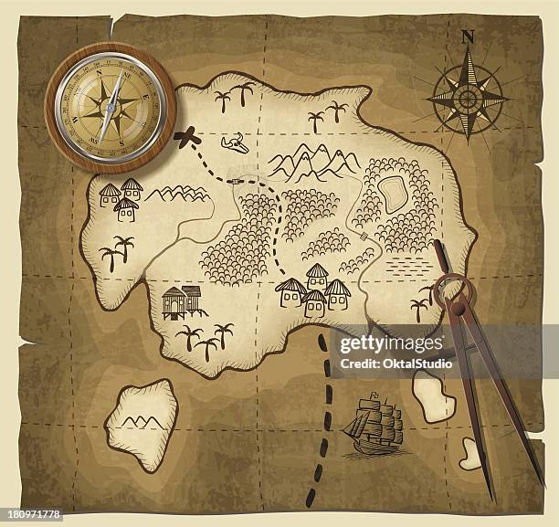 a cartoon drawing of a map with a compass - 紙莎草紙 幅插畫檔、美工圖案、卡通及圖標