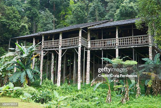 replica longhouse at sarawak cultural village - longhouse stock-fotos und bilder