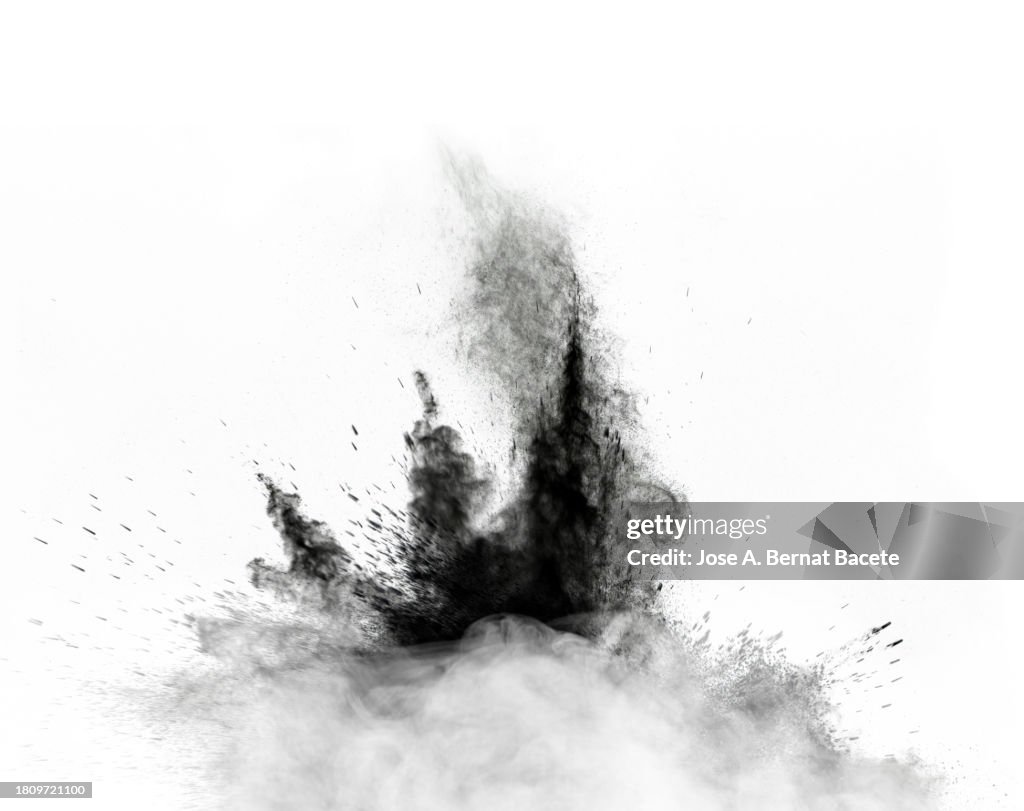Smoke and dust explosions upon impact on a white background.