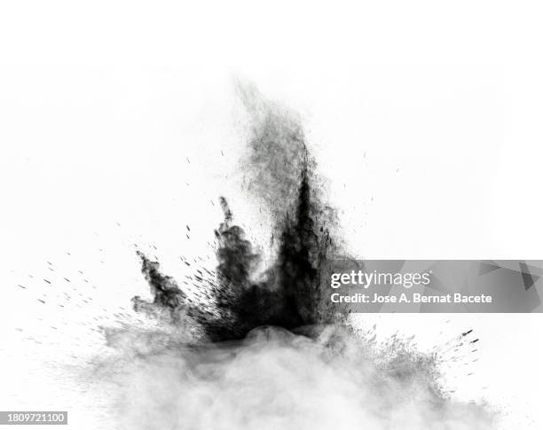 smoke and dust explosions upon impact on a white background. - exercício militar imagens e fotografias de stock