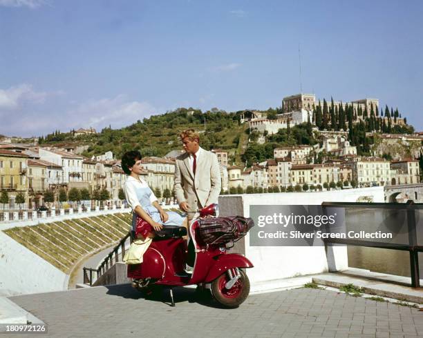 American actors Troy Donahue , as Don Porter, and Suzanne Pleshette as Prudence Bell, in a promotional still for 'Rome Adventure', , directed by...
