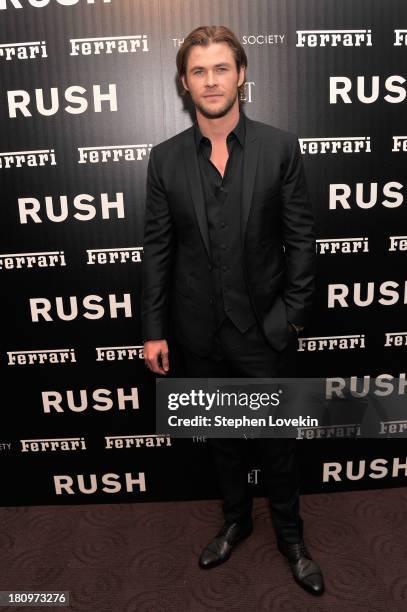 Actor Chris Hemsworth attends the Ferrari and The Cinema Society Screening of "Rush" at Chelsea Clearview Cinemas on September 18, 2013 in New York...