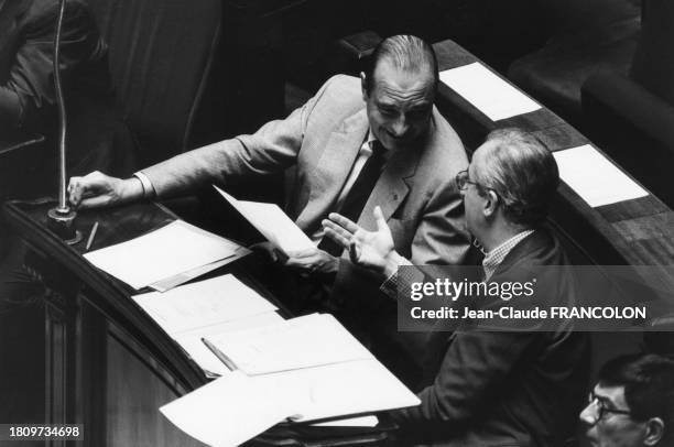 Jacques Chirac et Edouard Balladur à l'Assemblée Nationale, le 28 juillet 1986.